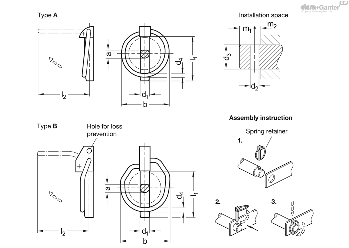 GN 1023-B - Angled spring retainer, with hole for loss prevention