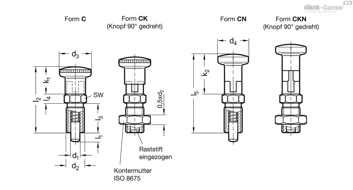 mit Rastsperre, mit Edelstahl-Knopf, mit Kontermutter