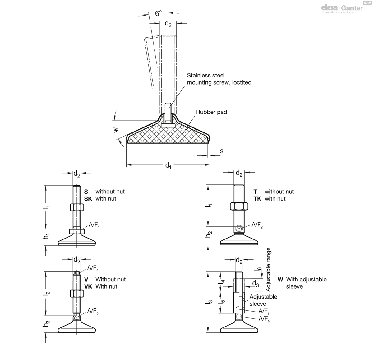 With nut, external hex at the bottom