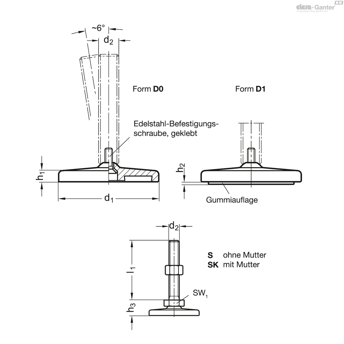 mit / ohne Mutter, Außensechskant unten