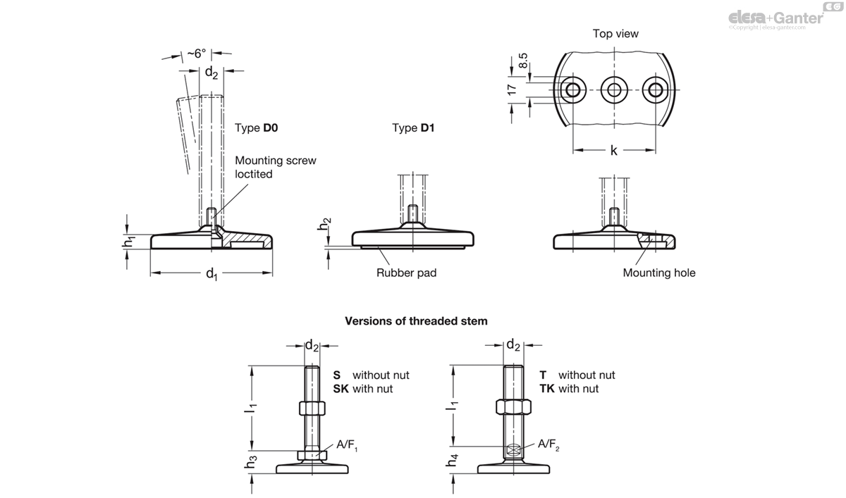 With nut, external hex at the bottom