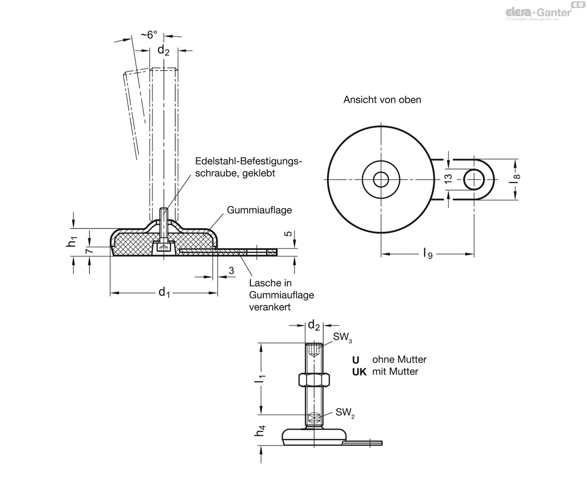 With / without nut, hex socket at the top and wrench flat at the bottom