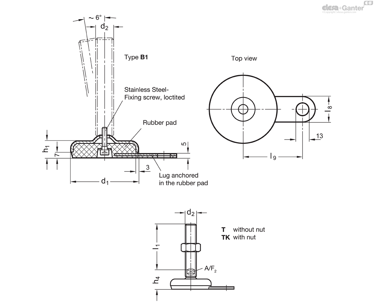 With / without nut, wrench flat at the bottom