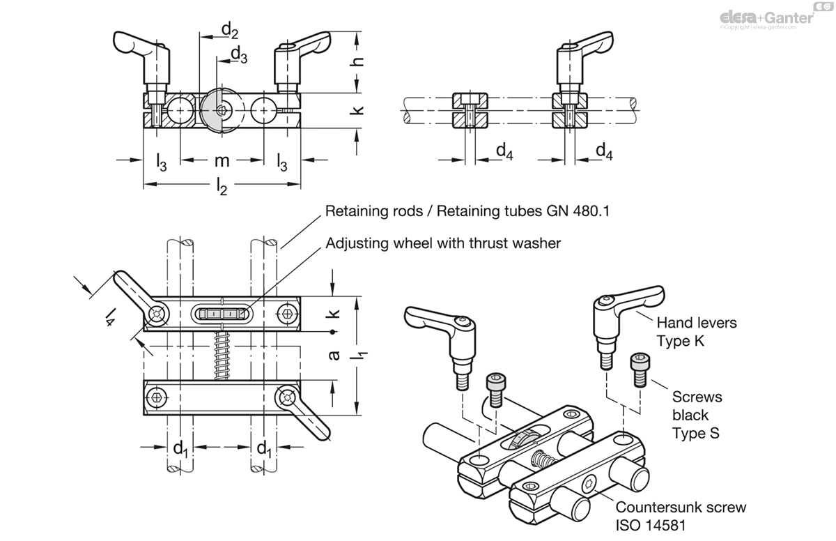 With two hand levers and two socket cap screws