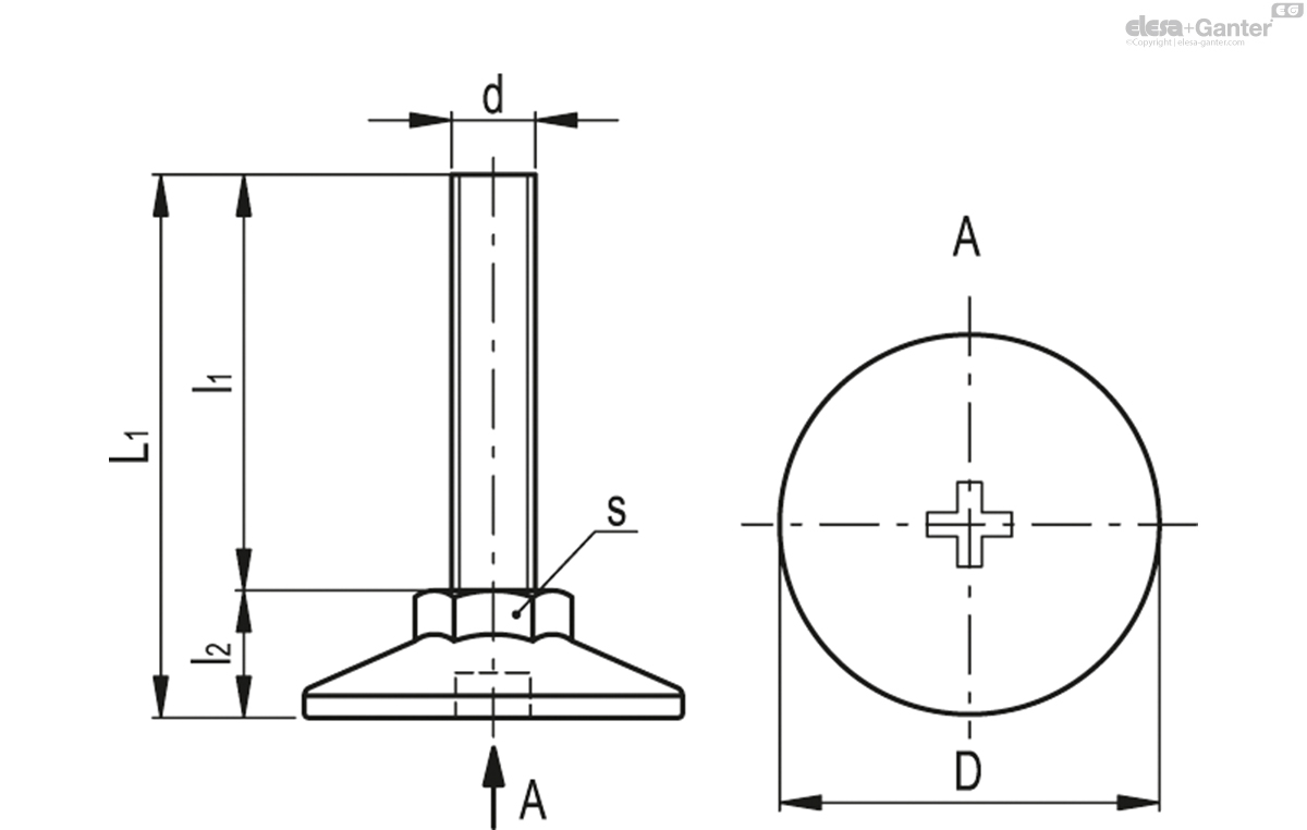 AISI 304 stainless steel, base with screwdriver slot