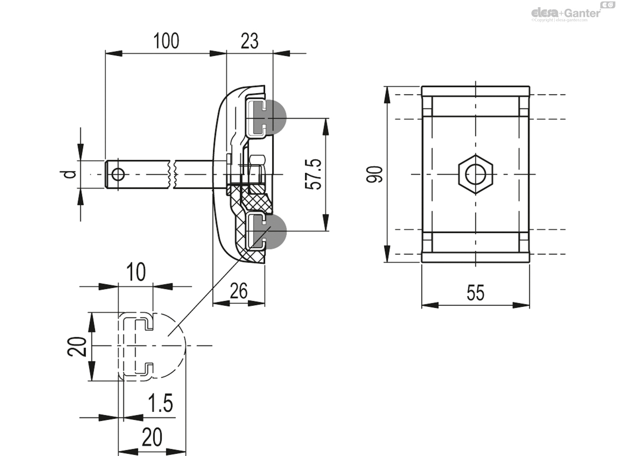 For rectangular guides, with pin and nut