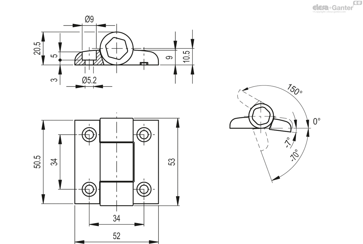 Detent angles -70° /-7° /150°