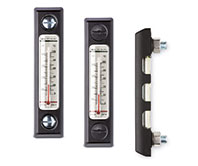 Level indicators with thermometer and protection frame